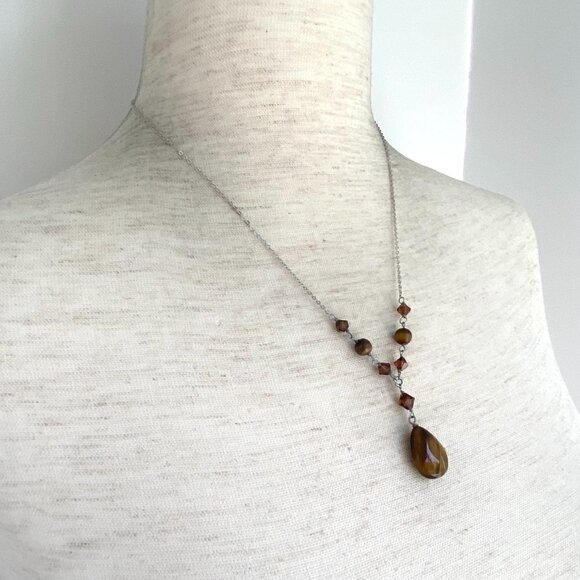 Sterling Silver 925 Beaded Tigers Eye Teardrop Pendant Necklace 18" Cable Chain - Picture 12 of 16